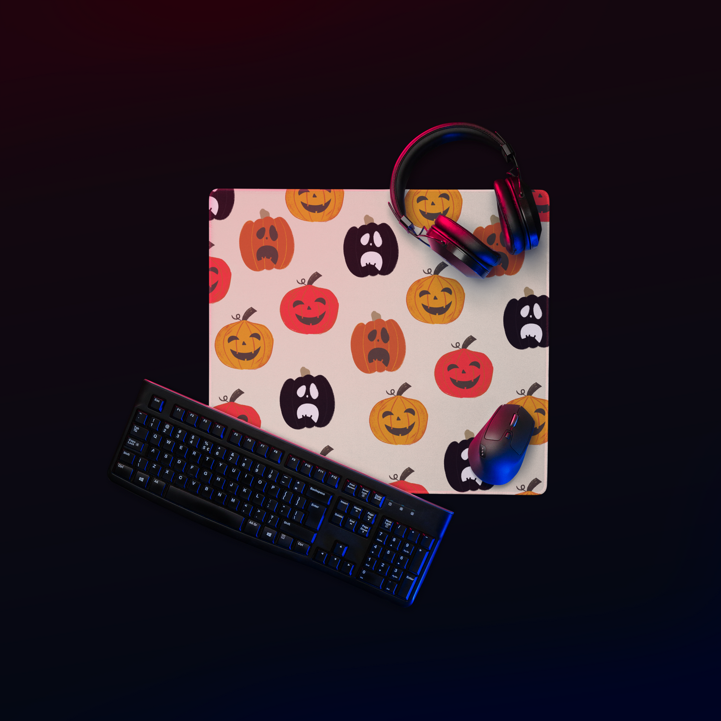 Gaming mouse pad with spooky pumpkin designs; features rounded edges and a sleek, modern look. Made with a 100% polyester top for smooth and accurate movements, adding a haunting touch to any gaming setup.