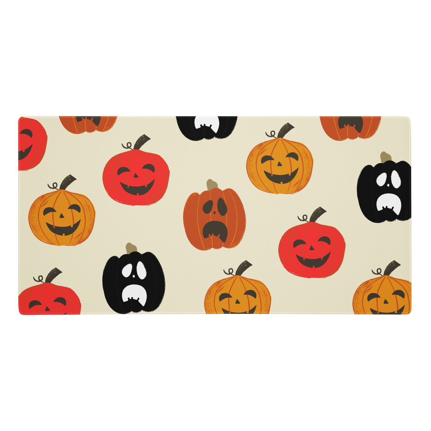 Gaming mouse pad with spooky pumpkin designs; features rounded edges and a sleek, modern look. Made with a 100% polyester top for smooth and accurate movements, adding a haunting touch to any gaming setup.