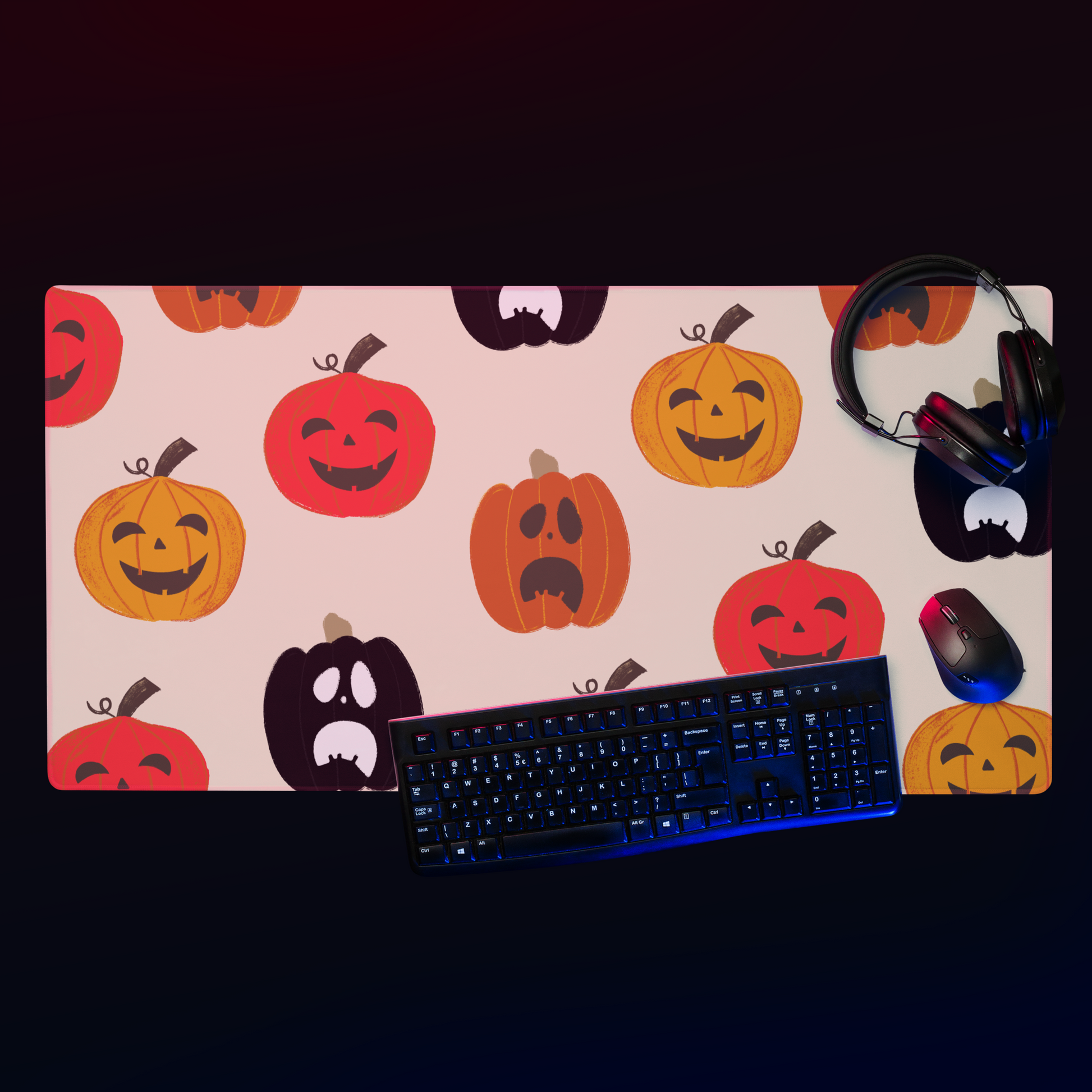 Gaming mouse pad with spooky pumpkin designs; features rounded edges and a sleek, modern look. Made with a 100% polyester top for smooth and accurate movements, adding a haunting touch to any gaming setup.