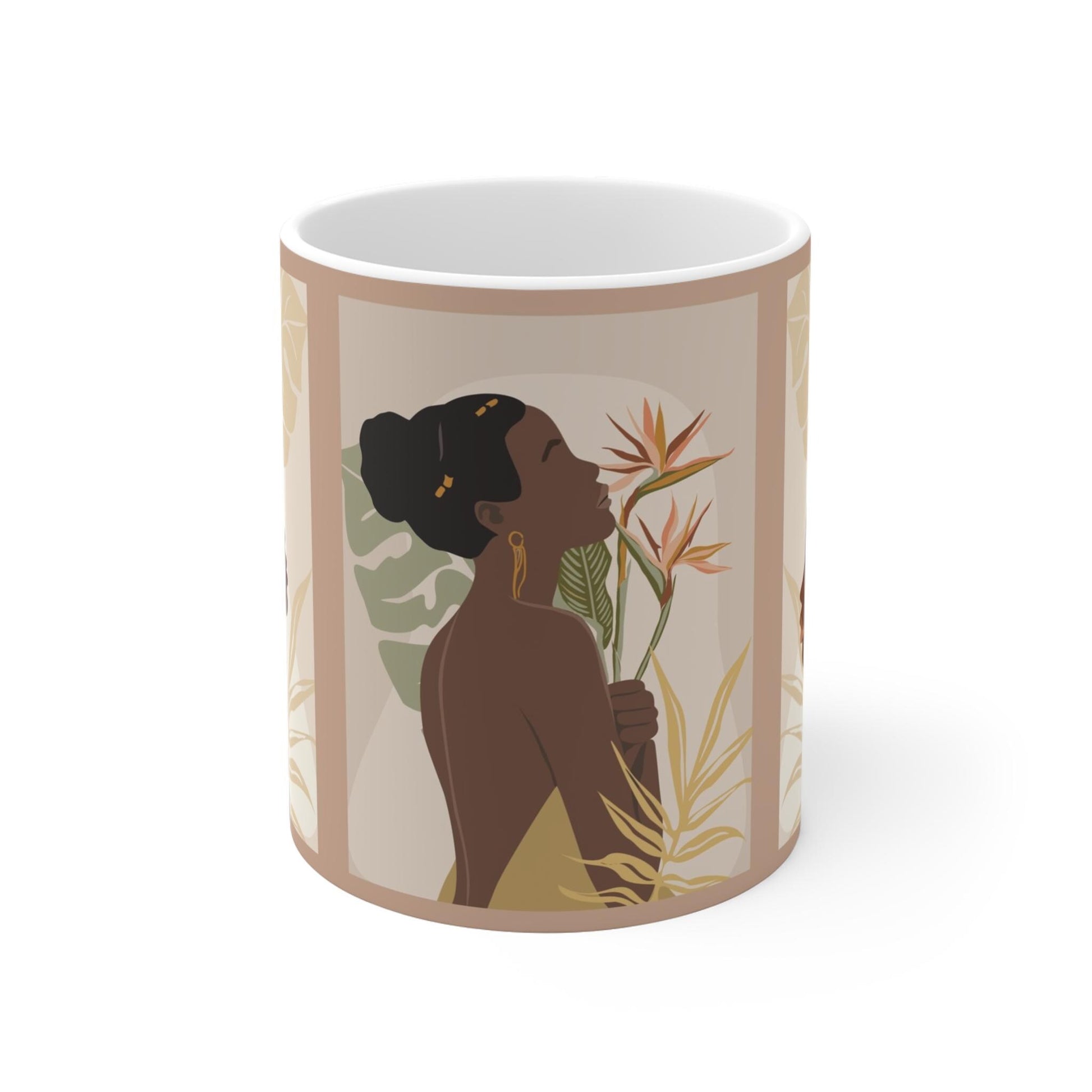 Melanin Ladies Floral Ceramic Mug, African American woman with natural hairstyles, Mother's Day Gift