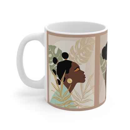 Melanin Ladies Floral Ceramic Mug, African American woman with natural hairstyles, Mother's Day Gift