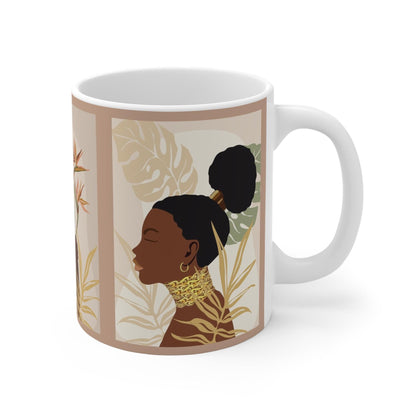 Melanin Ladies Floral Ceramic Mug, African American woman with natural hairstyles, Mother's Day Gift