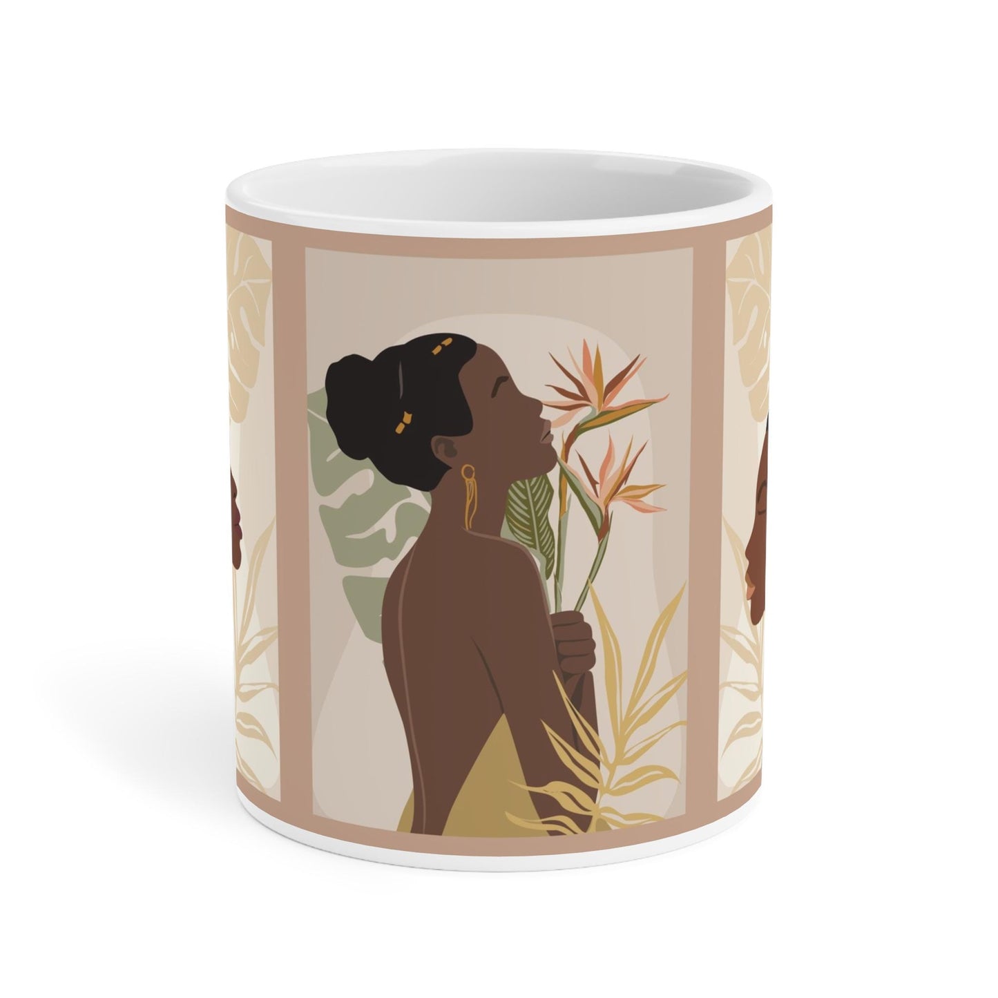 Melanin Ladies Floral Ceramic Mug, African American woman with natural hairstyles, Mother's Day Gift