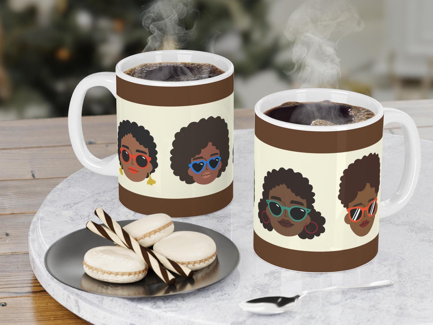 Funky Afro-Chic Ceramic Mugs, Perfect Gift for Coffee Lovers, Melanin Ladies with Natural Hairstyles, Fashionista Tea Lover